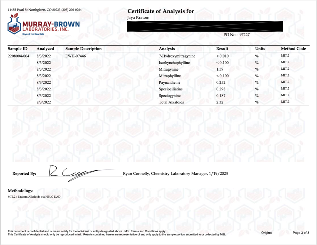 Lab results for alkaloids in Wild Harvest kratom